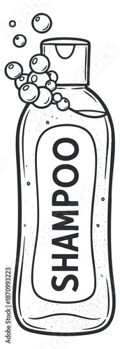 A shampoo bottle with bubbles in outline vector style, perfect for beauty and personal care branding