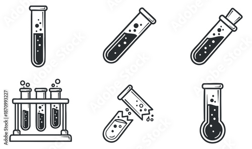 A collection of science laboratory test tubes in minimalist black outline vector style, ideal for educational materials and scientific illustrations