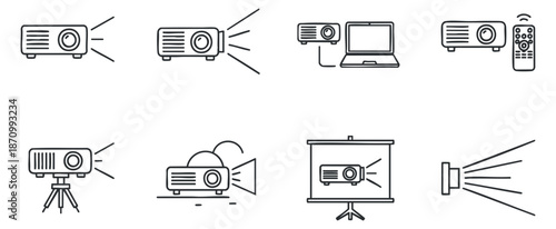 A collection of projector icons in flat minimalist outline style, suitable for technology presentations and multimedia projects