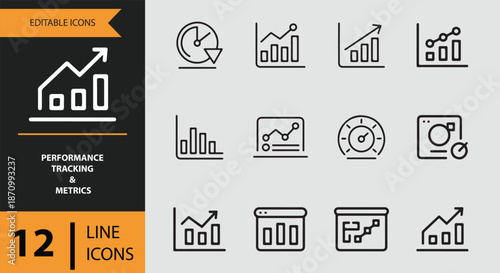 Editable line icons set for performance tracking, data analytics, and business metrics