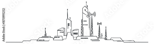 A modern city skyline with telecommunications towers and antennas in minimalist line art vector style, suitable for technology and urban design projects