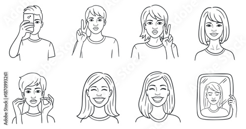 A collection of diverse people showing various facial expressions and gestures in minimalist line art vector style, ideal for social media and communication themes