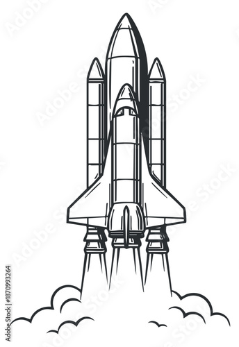 A rocket launching into space in black and white outline vector style, ideal for technology and exploration themes