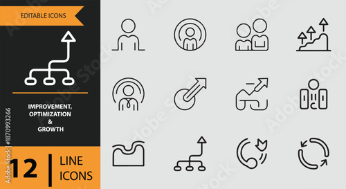 Modern line icons for visualizing improvement, strategic planning, team collaboration, and growth
