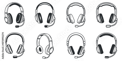A collection of various headset designs in black and white outline vector style, ideal for audio technology branding and illustrations