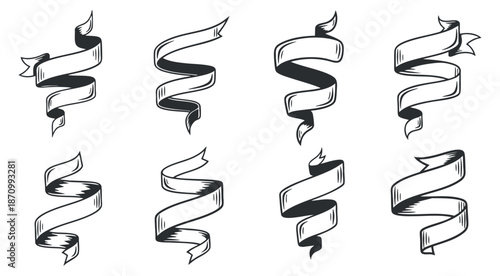 A collection of decorative ribbons and banners in black and white outline vector style, ideal for event invitations and branding