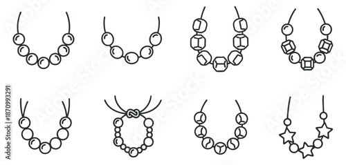 A collection of eight outline necklaces with various bead designs in minimalist vector style, perfect for jewelry branding and fashion illustrations