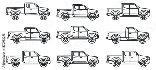 A collection of nine outline illustrations of pickup trucks in flat vector style, ideal for automotive design projects