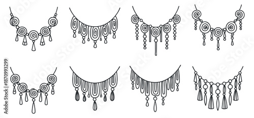 A collection of elegant necklace designs in minimalist black line art style, ideal for fashion and jewelry branding