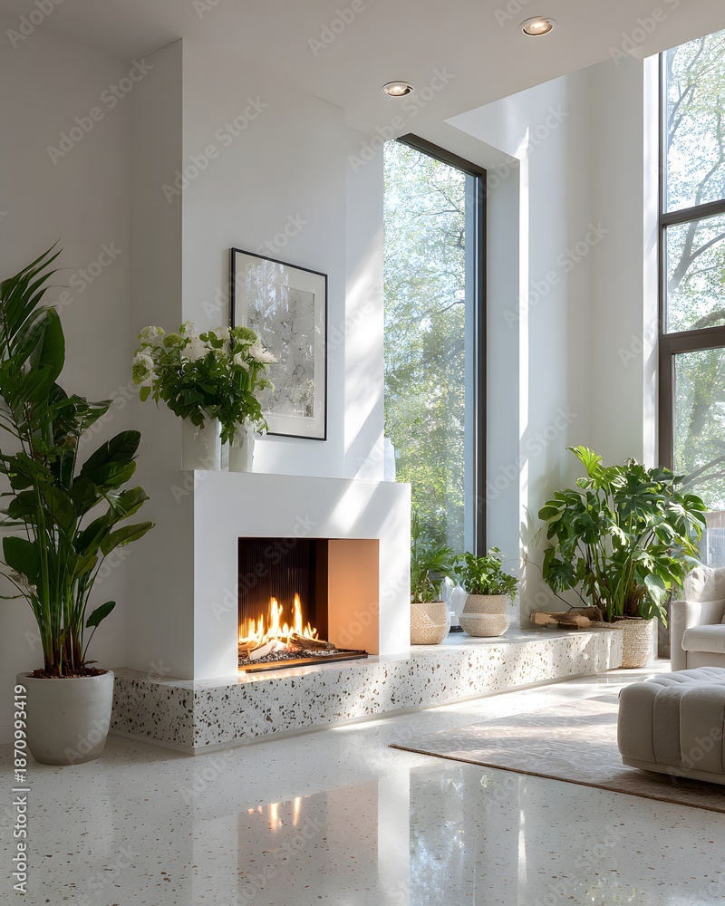 Fototapeta premium Modern living room detail showing a sleek gas fireplace with a terrazzo hearth, polished terrazzo floor, and large glass windows with plants.