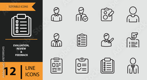Comprehensive set of 12 line icons illustrating evaluation, review, and feedback concepts