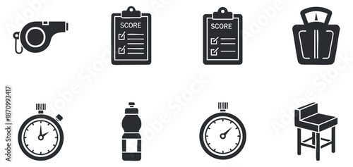 A collection of sports and fitness icons including a whistle, score sheets, a timer, bottle, stopwatch, and chair in minimalist vector style, ideal for athletic branding and training materials