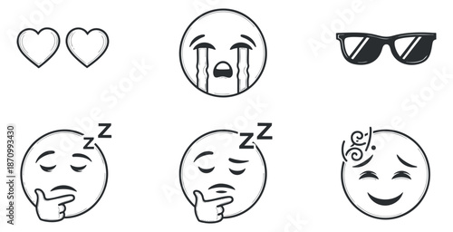 A set of various expressive emojis including hearts, crying, thoughtful, sleeping, and happy faces in minimalist vector style, suitable for digital communication and social media design