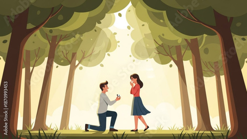 Man Proposing to Woman in Forest during Sunny Day
