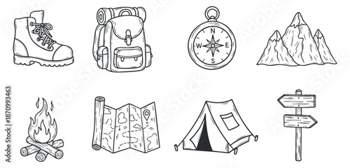 A collection of camping and hiking elements including boots, backpack, compass, mountains, campfire, map, tent, and signpost in black and white vector style, perfect for outdoor adventure projects