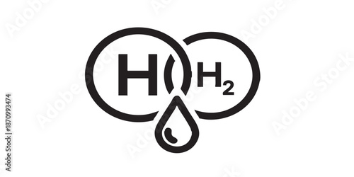 Hydrogen vector icon, H2 and water drop symbol, energy and chemical element concept, black outline and filled style, isolated on transparent background, minimalist vector design for UI, web, and print