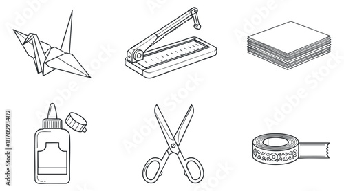A collection of crafting tools including origami, scissors, glue, and tape in minimalist black and white vector style, perfect for art projects and education
