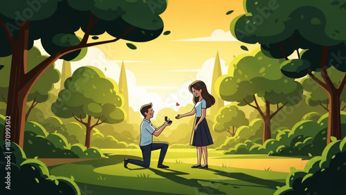 Man Proposing to Woman in Park during Sunset