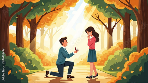Man Proposing to Woman in Autumn Forest Path with Ring