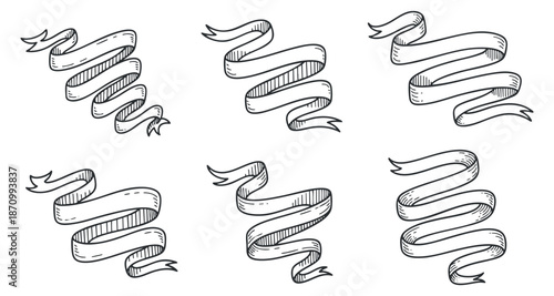 A collection of six hand-drawn decorative ribbons in outline style, perfect for custom labels and creative designs