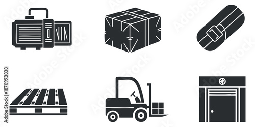 A set of logistics and shipping icons including a crate, palette, forklift, and storage in black and white vector style, ideal for transportation and supply chain design