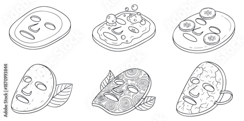 A collection of six facial masks in outline vector style, suitable for beauty and skincare branding and design