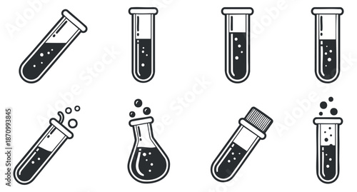 A set of various test tubes and flasks in black and white minimalist vector style, suitable for educational and scientific projects