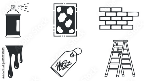 A collection of spray paint can, paint drip, brick wall elements, and a ladder in black and white minimalist vector style, suitable for graffiti art and urban design projects