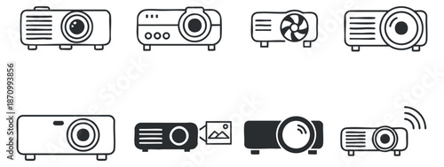 A collection of projector icons in black and white minimalist vector style, suitable for technology and multimedia projects
