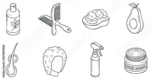 A collection of hair care products including a shampoo bottle, comb, avocado, and hair mask in minimalist outline vector style, perfect for beauty and wellness branding