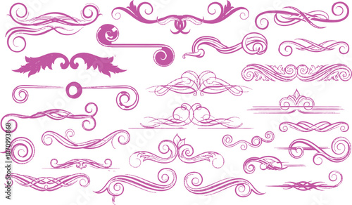 The image displays a collection of 21 unique pink-colored vector graphic design elements, characterized by their ornate flourishes, swirls, and decorative lines. 