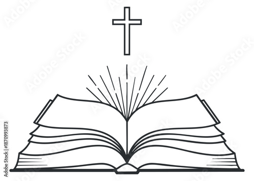 An open book with rays of light and a cross above in minimalist line art vector style, ideal for religious themes and spiritual designs