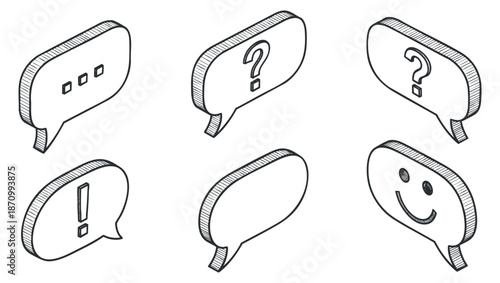 A set of speech bubbles featuring question marks, exclamation points, and smiley faces in outline vector style, suitable for communication design projects