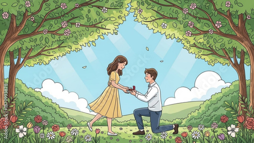 Man Proposing to Woman in a Beautiful Flower Field during Spring