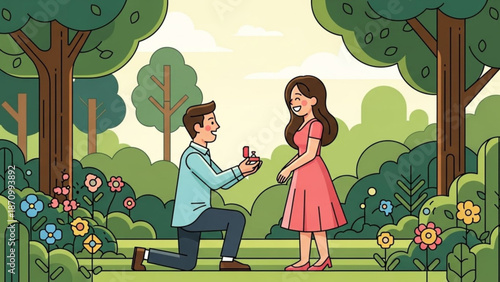 Man Proposing to Woman in Garden with Flowers and Trees