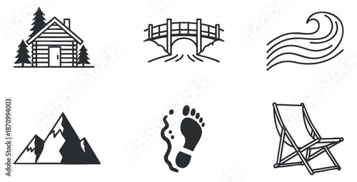 A collection of nature and outdoor-themed icons including a cabin, bridge, wave, mountains, footprint, and chair in black and white minimalist vector style, perfect for adventure and travel designs