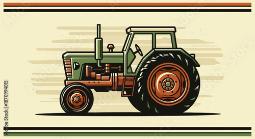 Vintage green tractor on beige background with stripes