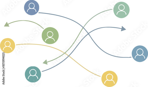 Abstract diagram illustrating people icons interconnected by arrows, symbolizing social networking, business collaboration, team building, or data exchange between individuals and groups
