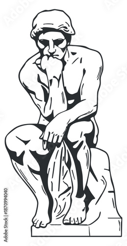 A sculpture of a thinker in clean black and white outline vector style, ideal for philosophical and artistic projects