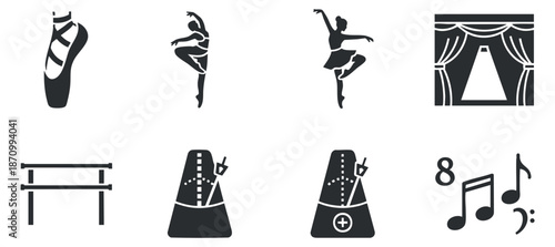 A collection of ballet-themed icons including ballet shoes, dancers, metronomes, and stage curtains in a minimalist black and white vector style, perfect for dance and music-related projects