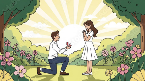 Man Proposing to Woman in Garden during Sunset