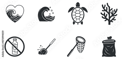 A collection of marine-themed icons including a heart wave, turtle, coral, and pollution symbols in black and white vector style, perfect for environmental awareness projects