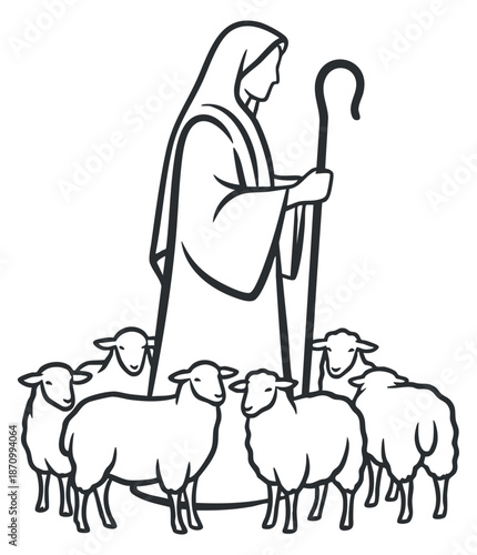 A shepherd with a staff surrounded by a flock of sheep in black outline vector style, ideal for agricultural themes and rural illustrations