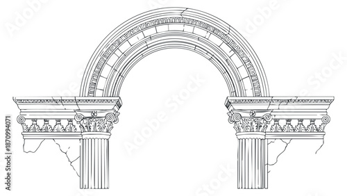 An architectural arch with columns and intricate detailing in outline vector style, suitable for historical design projects