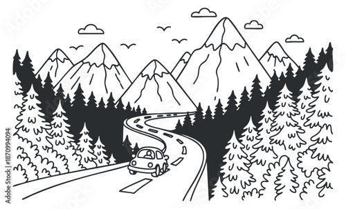 A winding road through a mountainous landscape with trees and a car in black and white vector style, ideal for travel and adventure themes
