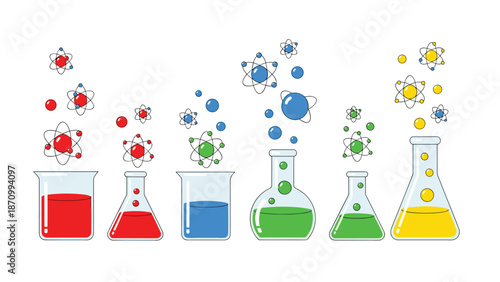 Diverse collection of laboratory beakers and flasks containing colorful liquids, accompanied by outlined atom models, depicting scientific research and chemical processes.