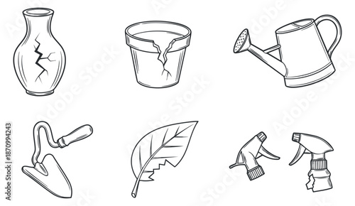 A collection of broken and gardening items including a cracked vase, a broken pot, a watering can, and tools, in minimalist outline vector style, suitable for gardening and home repair projects