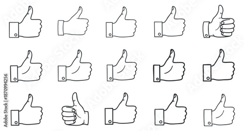 A collection of thumbs up hand gestures in black and white outline vector style, suitable for social media and communication designs