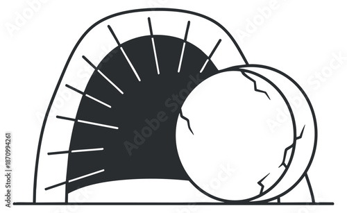 A cave entrance with a round boulder in black and white minimalist vector style, ideal for outdoor adventure and exploration themes