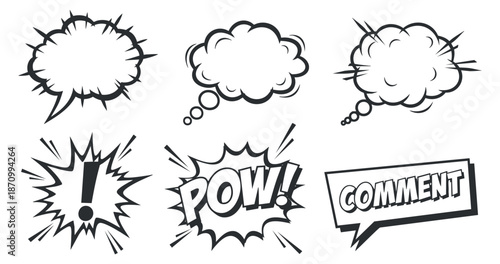 A collection of speech bubbles and comic style effects in black and white vector illustration, ideal for graphic design and storytelling